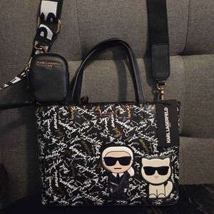 Karl Lagerfeld Black and White Graphic Messenger Bag